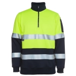 A bright yellow and navy 1/2 zip fleece jumper featuring reflective stripes and a logo.