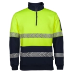 A high-visibility fleece jumper in bright yellow and navy blue, featuring reflective segmented stripes and a zip neck.