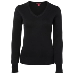 A black ladies knitted jumper with a V-neck and long sleeves, featuring ribbed cuffs and hem.