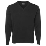 A black knitted jumper with a V-neck design and ribbed cuffs. It includes a branding label inside.