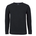 A black chunky crew neck jumper with a ribbed texture and long sleeves. It features a logo on the inside collar.