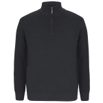 A chunky half-zip jumper in dark grey, featuring ribbed texture and a zip collar. It has a logo on it.