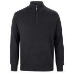 A black men's knitted jumper with a half-zip collar and long sleeves, featuring a subtle logo.