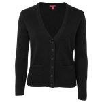 A black knitted cardigan with a v-neck, button front, and two front pockets. Features a logo on the label.