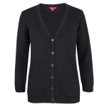A black cardigan with a V-neck, button front, and two front pockets. It features a brand logo on the inner label.