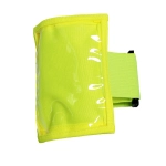 A yellow plastic pocket sleeve band with a transparent front and adjustable strap.