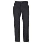 A pair of black trousers made from stretch canvas, featuring a button and zip closure, and styled with pockets.