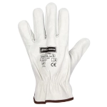 A white leather glove with a brown cuff, featuring a logo and several text details.