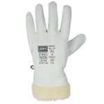 A white freezer glove with a fluffy, cream-coloured cuff and a logo.
