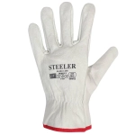 A grey glove with a red cuff and included branding, designed for heavy-duty use.