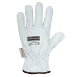 A white leather glove with a branded label, featuring five fingers and an elastic cuff.