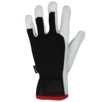 A black and natural glove featuring a mesh design and a fitted wrist. The glove has a logo.