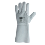 A pair of grey welder gloves featuring a logo and a long cuff design. Suitable for protective clothing accessories.