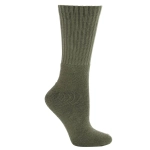 A green sock with a ribbed design, featuring a rounded toe and reinforced heel. Includes a branding logo.