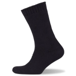 A black bamboo work sock with a ribbed cuff, featuring a logo on the side.