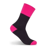 A pair of black work socks with a pink cuff and toe, featuring a branding logo.