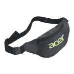 A black bum bag with a zippered compartment and an adjustable strap, featuring a logo on the front.