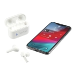 Braavos Pro True Wireless auto pair earbuds in white, alongside a smartphone displaying a music app and a charging case.