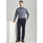 Men's comfortable wool stretch flat front pants in navy, paired with a checkered shirt and brown belt, featuring a logo.