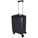 A black wheeled cabin trolley with a retractable handle and four wheels. It features a sleek design and a logo.