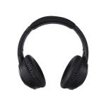 A pair of black over-ear headphones with padded ear cups and a curved headband, featuring a logo.