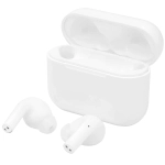 White wireless earbuds with a matching charging case displayed open. The case has a sleek design and a logo.