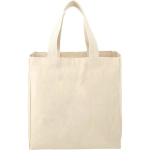 A beige reusable grocery tote bag with two handles, featuring a logo. The bag is made of cotton and has an 8L capacity.