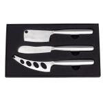 A stainless steel cheese knife set featuring three knives in a sleek black box.