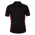A black polo shirt with red side accents and a logo on the chest.