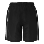 A pair of navy dress shorts with white detailing and an elastic waistband. Features a logo on the garment.