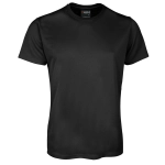 A black short-sleeved T-shirt with a smooth texture and a logo on the neckline.