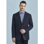 A classic men's blazer in navy with a two-button design, featuring a pocket and subtle branding.