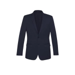 A navy slimline jacket with a single-breasted design and two front pockets, featuring a subtle logo.