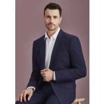 A navy blue men's blazer with a two-button design, featuring a single chest pocket, modelled by a man.