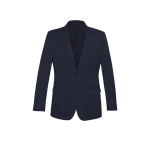A slimline men's jacket in navy wool stretch fabric with a notch lapel and two front pockets. It features branding.