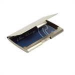 A silver pocket business card holder with a blue interior and a logo on the inside.