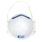 A white respirator mask with a blue strip and elastic straps, featuring a logo on the front.