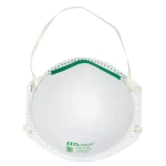 A white respirator mask with green accents and ear loops, featuring a logo. Suitable for health and personal use.