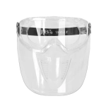 A clear face mask and goggle combination featuring adjustable straps and a logo at the top.