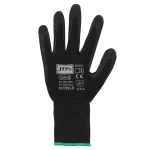 A black nitrile glove featuring textured fingertips and a green cuff, with a branding logo.