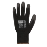 A black breathable glove with textured fingertips and a wrist cuff, featuring a logo and safety markings.