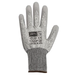 A pair of grey gloves with a textured palm and a ribbed cuff, featuring a logo and certification markings.