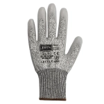 A grey cut-resistant glove with a knitted cuff and branding details. It features a textured grip surface.