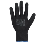 A black nitrile glove featuring a textured grip and a fitted wrist design, with branding on the palm.