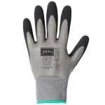 A waterproof glove featuring a grey body, black latex coating, and textured fingertips, with a logo on the palm.