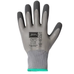 A grey and charcoal glove with textured fingertips and a logo, designed as a waterproof freezer glove.