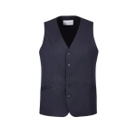A navy longline vest with a five-button front, two side pockets, and a branded label inside.