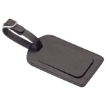 A black covered luggage tag with a strap, featuring a smooth, rectangular design and a logo.