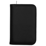 A black recycled travel wallet with RFID blocking features and a zip closure. It includes a logo on the front.