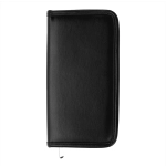 A slim black travel wallet with a smooth finish, featuring a zip closure and an interior for organising cards and documents.